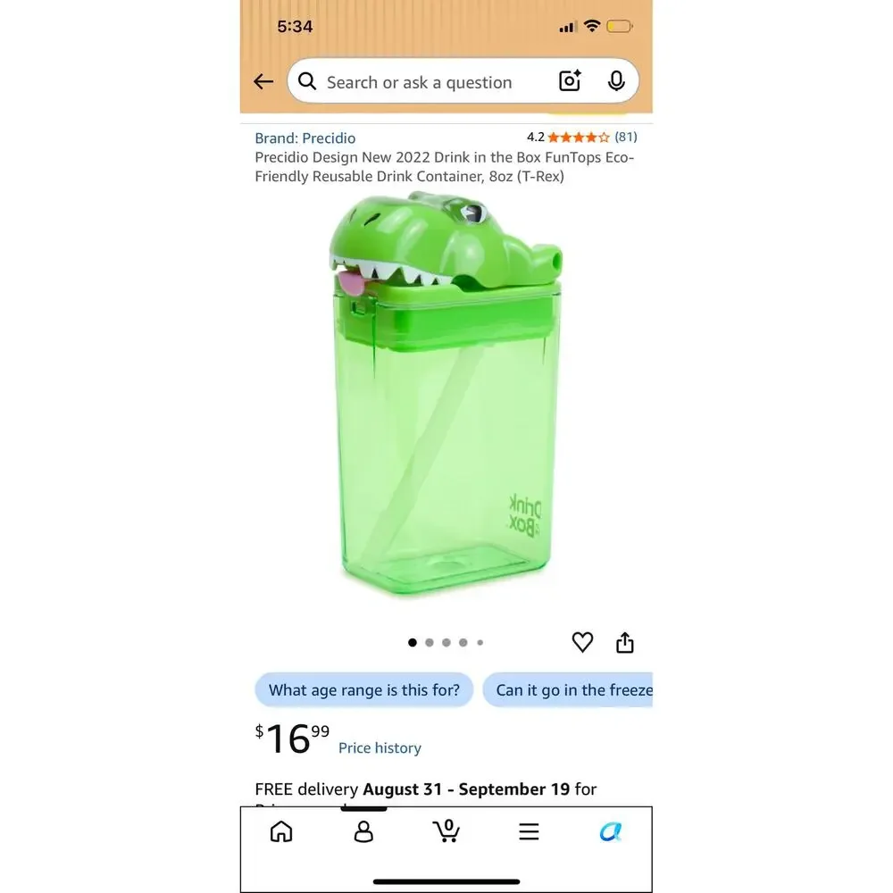 Precidio Drink in the Box Green Dino Reusable 8 oz Container New Without Tag